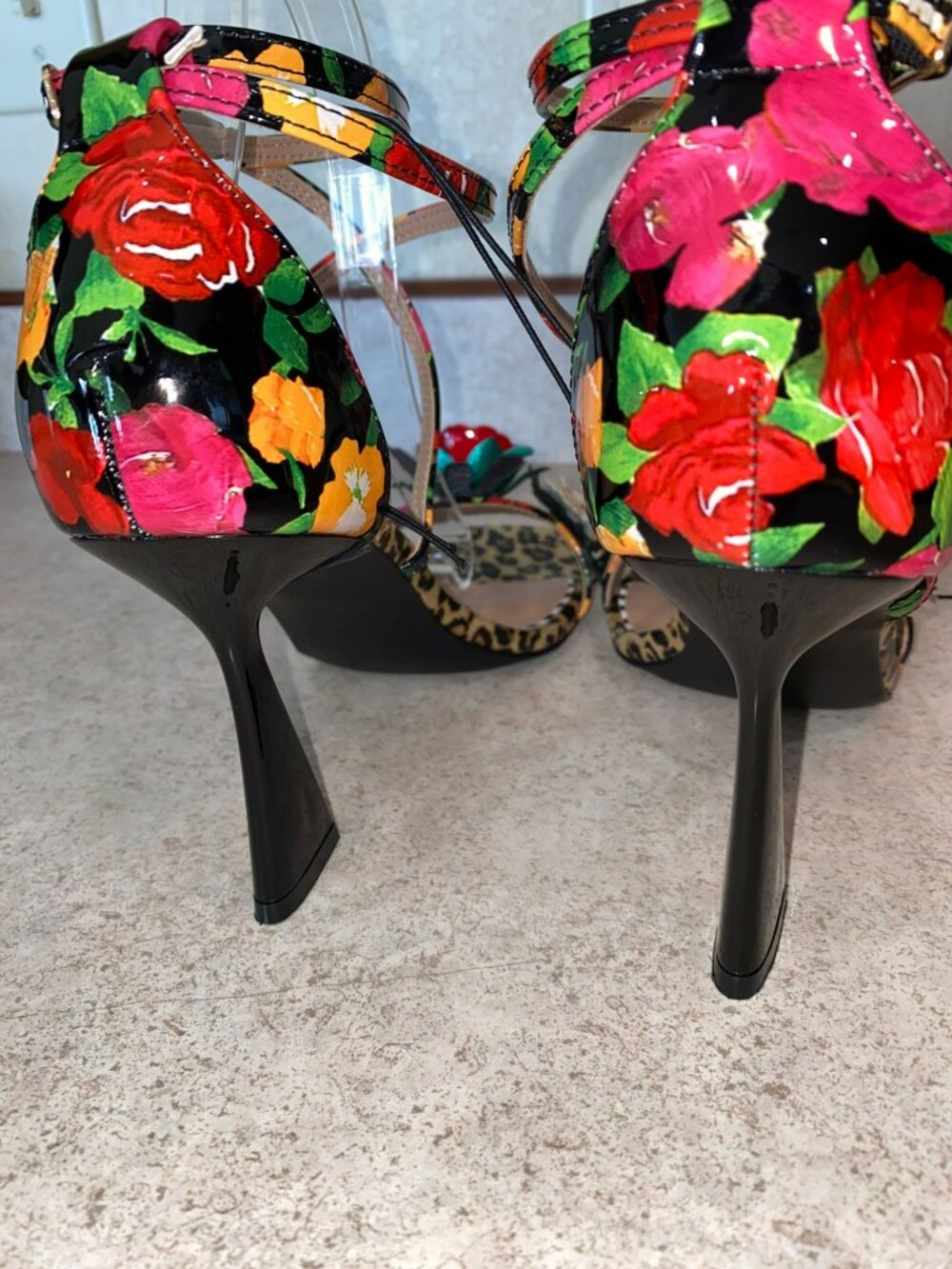 Betsey Johnson Floral Leopard Print Strappy Heels Size 9 - Picture 5 of 13